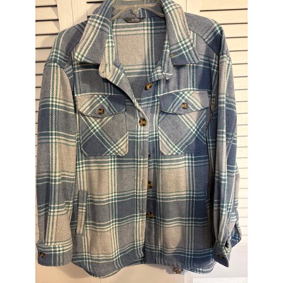 Members Mark Plaid SHACKET With Pockets Sz Large Turquoise and Gray - Picture 2 of 7